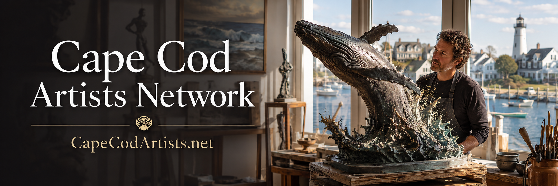 Cape Cod Artists Network banner showing a sculptor creating a breaching whale sculpture in a Cape Cod coastal studio